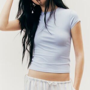 Divided Baby Blue Short Sleeve Tee with Lace Detailing